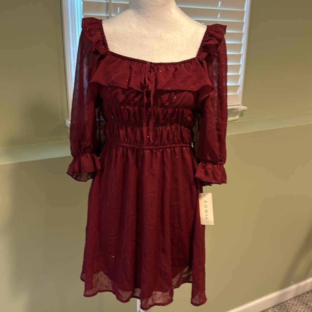 Row A NWT maroon Swiss dot mini dress size large - Picture 3 of 5
